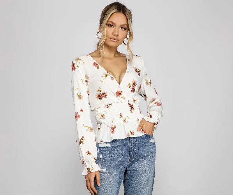 Smocked Long Sleeve Floral Surplice Gauze Top