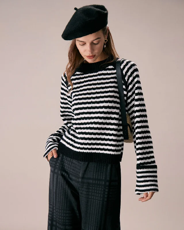 The Black Crew Neck Striped Ribbed Sweater