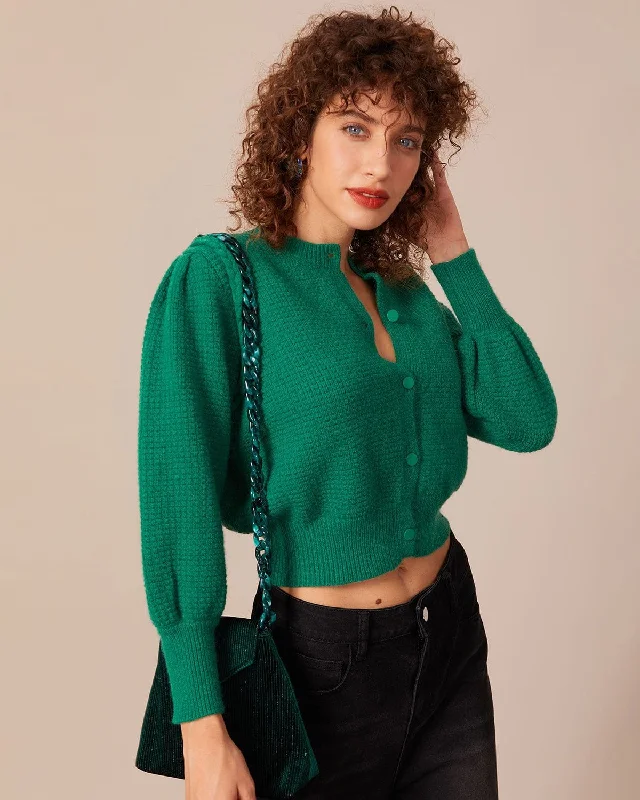 The Green Ribbed Lantern Sleeve Cardigan