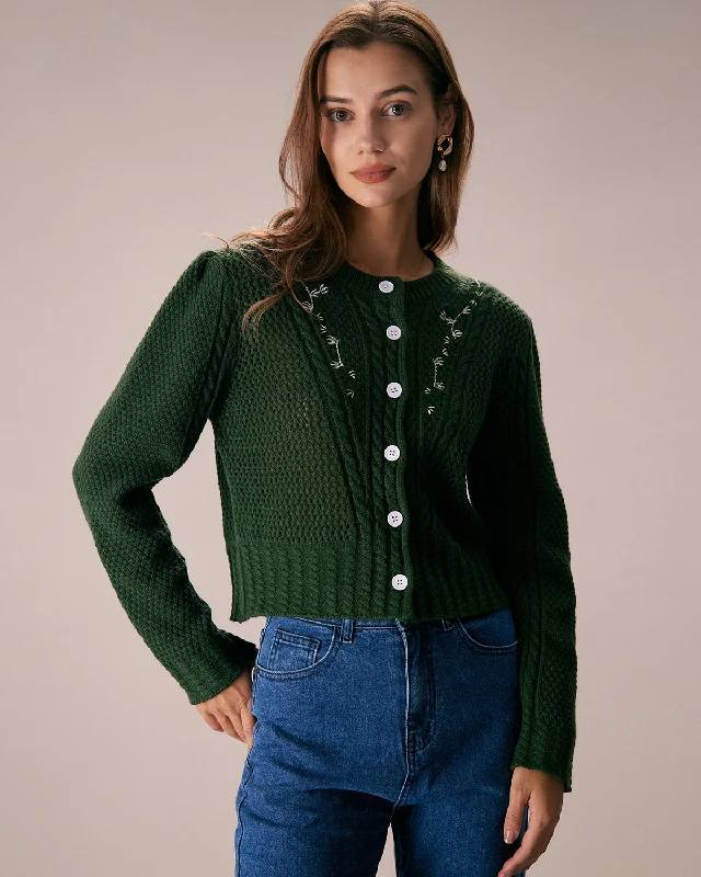 The Green Round Neck Embroidery Cardigan