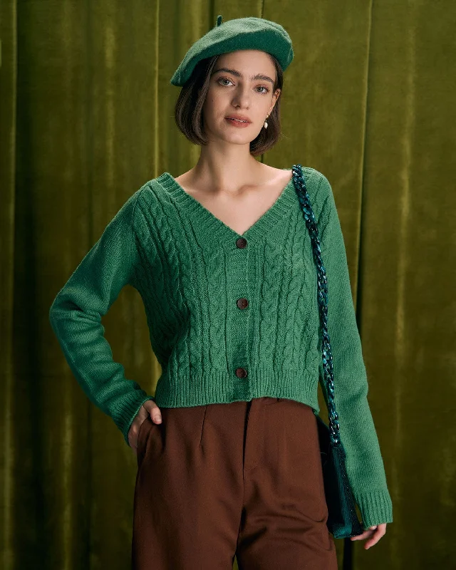 The Green V Neck Ribbed Cable Cardigan