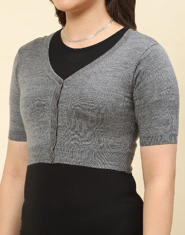 Women Grey Solid V Neck Half Sleeve Blouse