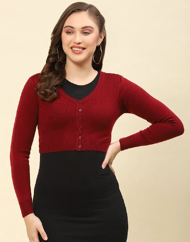 Women Maroon Solid V Neck Full Sleeve Blouse