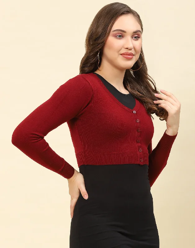 Women Maroon Solid V Neck Full Sleeve Blouse