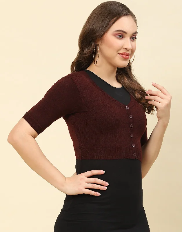 Women Maroon Solid V Neck Half Sleeve Blouse