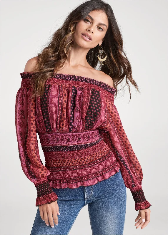 Printed smocked top - Wine Multi