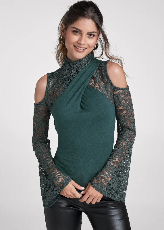 Lace sleeve surplice top - Dark Green