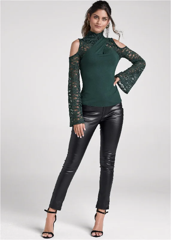 Lace sleeve surplice top - Dark Green