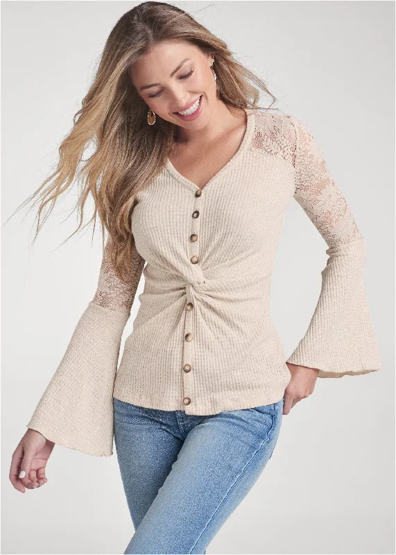 Knot twist waffle knit top - Oatmeal