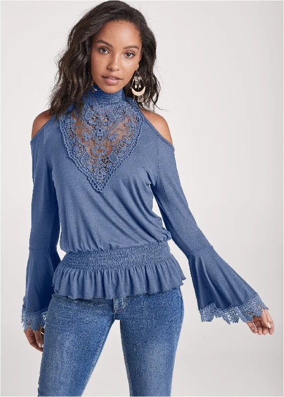 Lace mock neck bell sleeve top - Blue