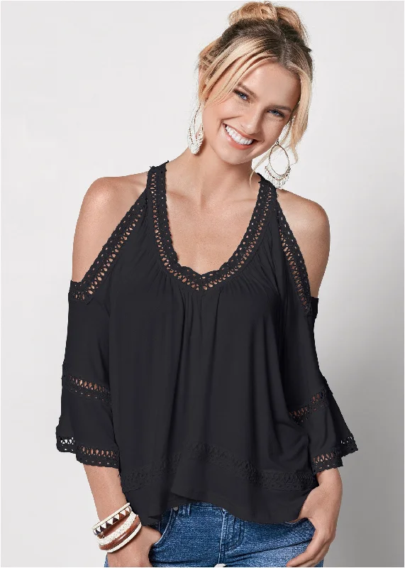 Cold-shoulder lace trim top - Black