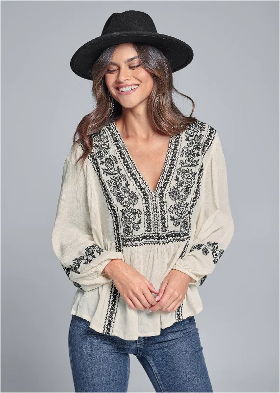 Embroidered peasant top - Cream & Black