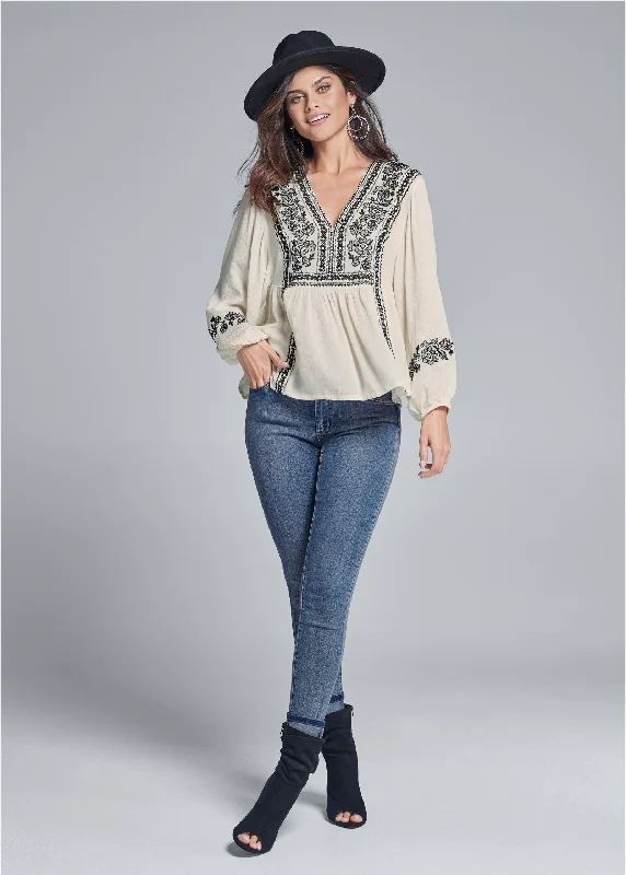 Embroidered peasant top - Cream & Black