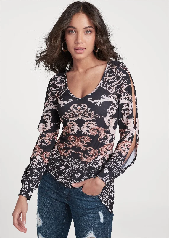 Cold-shoulder print top - Black Multi