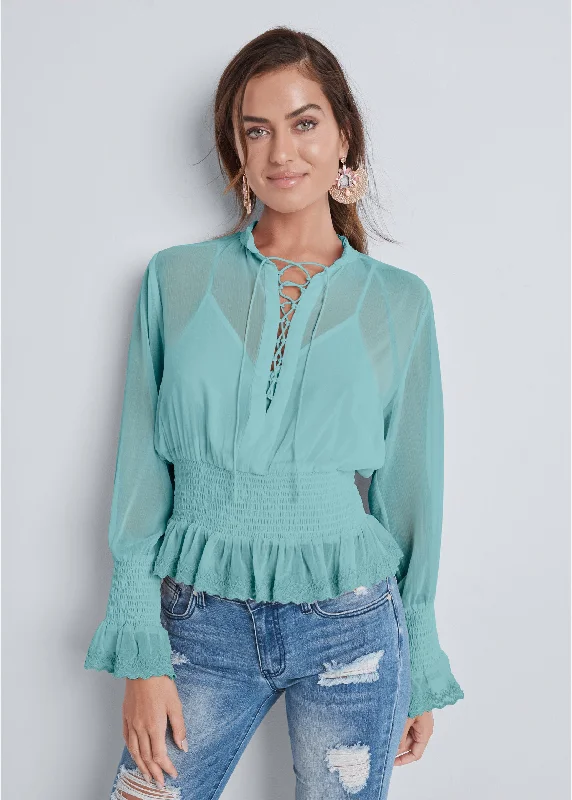 Smocked lace-up blouse - Turquoise