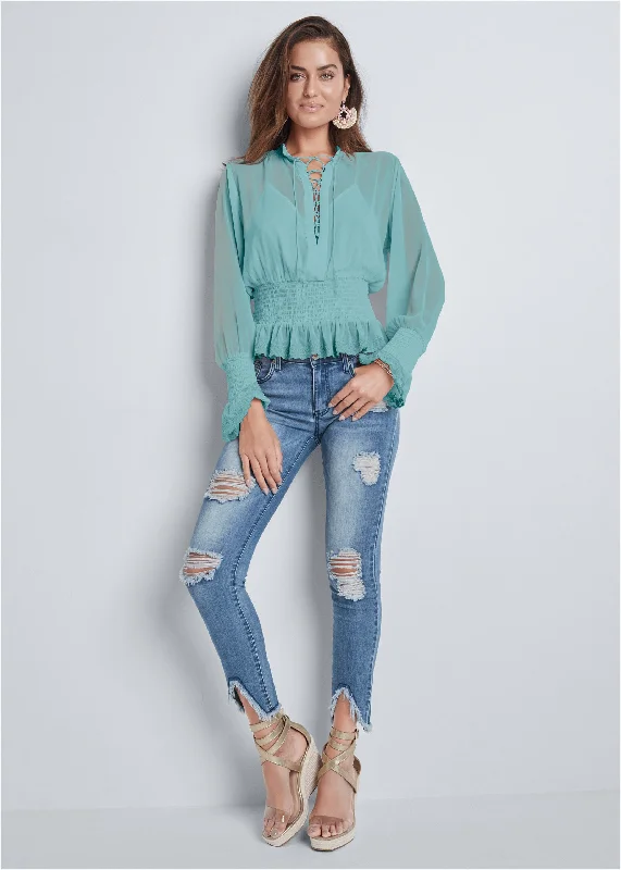 Smocked lace-up blouse - Turquoise