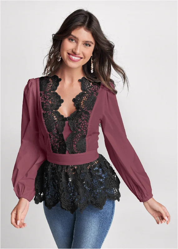 Lace peplum blouse - Wine & Black