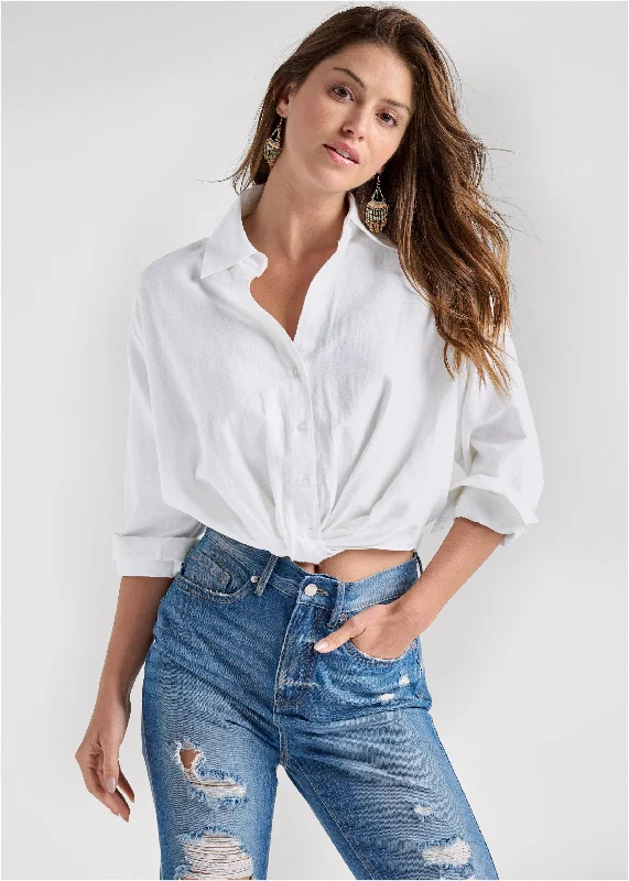 Cropped linen top - White