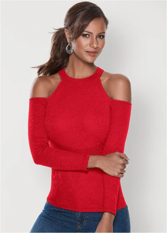 Ribbed cold shoulder top - Red