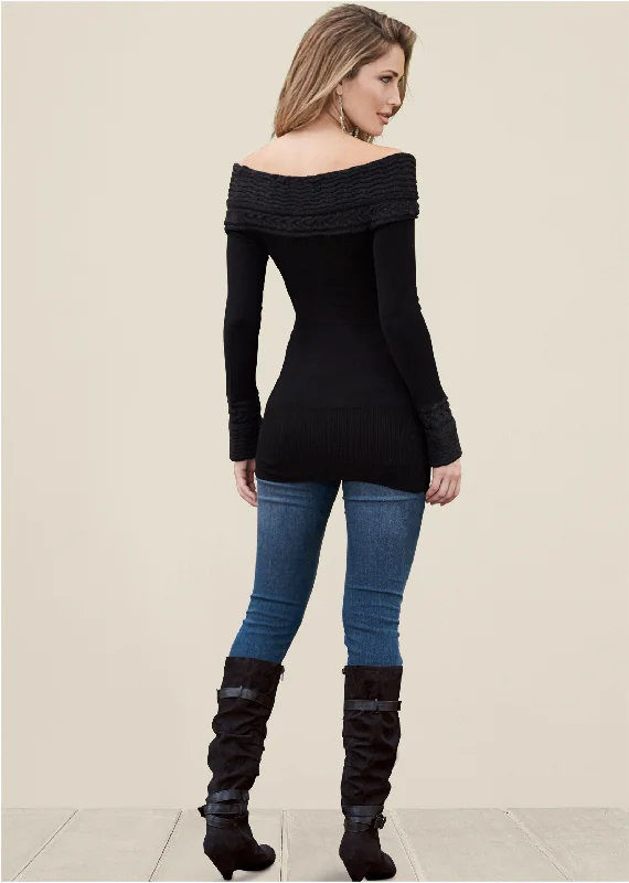 Cable detail tunic sweater - Black