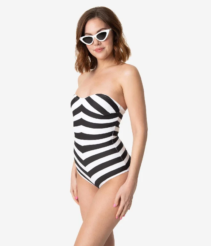 Barbieª x Unique Vintage Black & White Chevron Stripe One Piece Bathing Suit