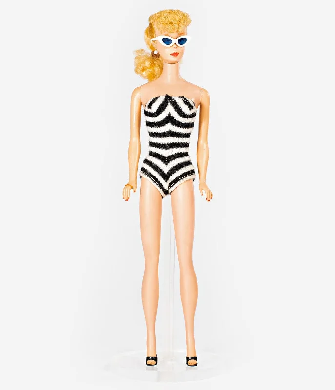 Barbieª x Unique Vintage Black & White Chevron Stripe One Piece Bathing Suit