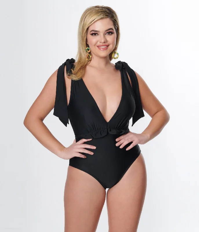 Unique Vintage Black Plunge One Piece Swimsuit