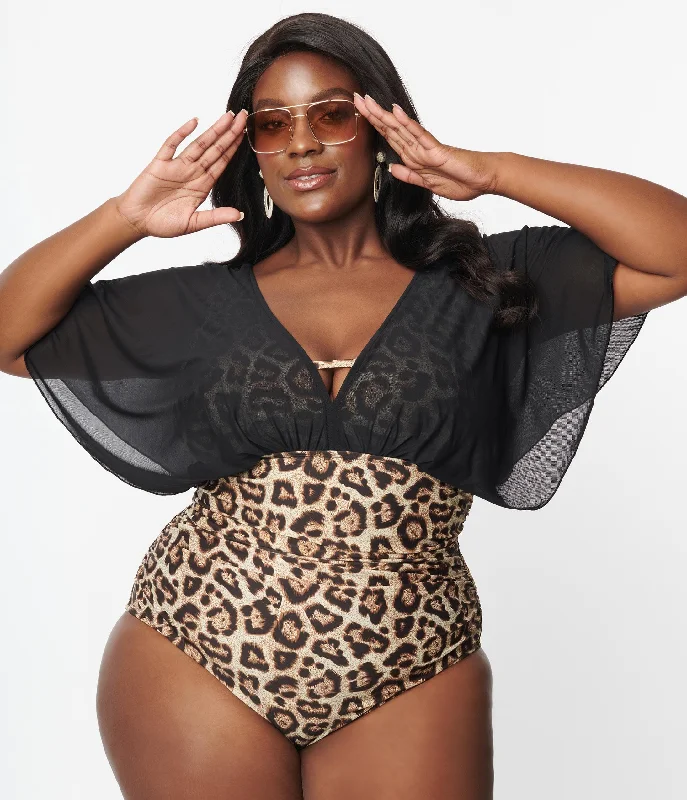 Unique Vintage Plus Size Leopard & Black Mesh Sleeved Torrey Swimsuit