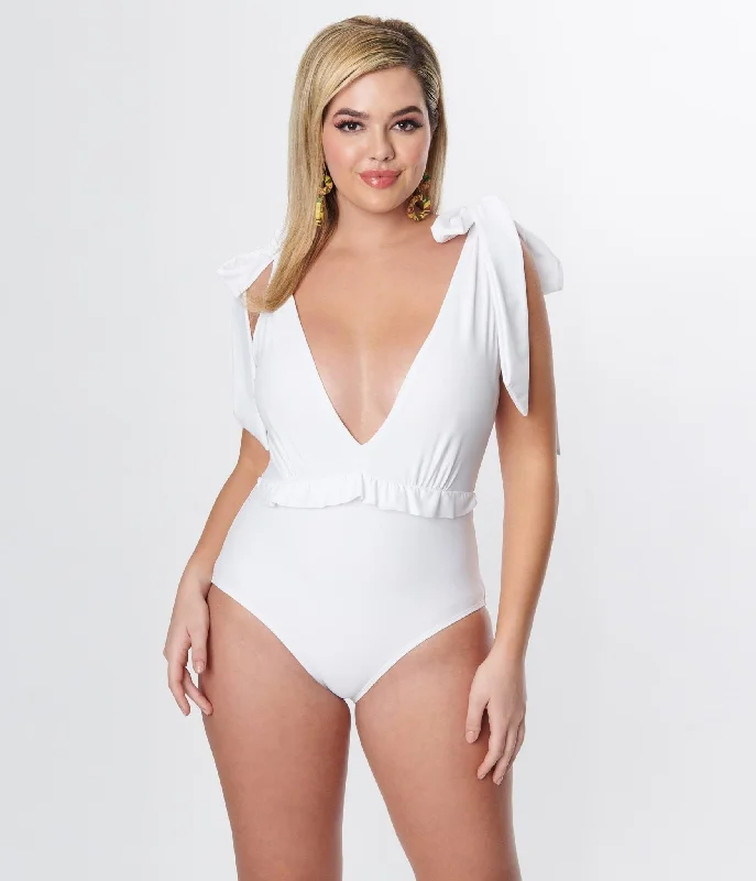 Unique Vintage White Plunge One Piece Swimsuit