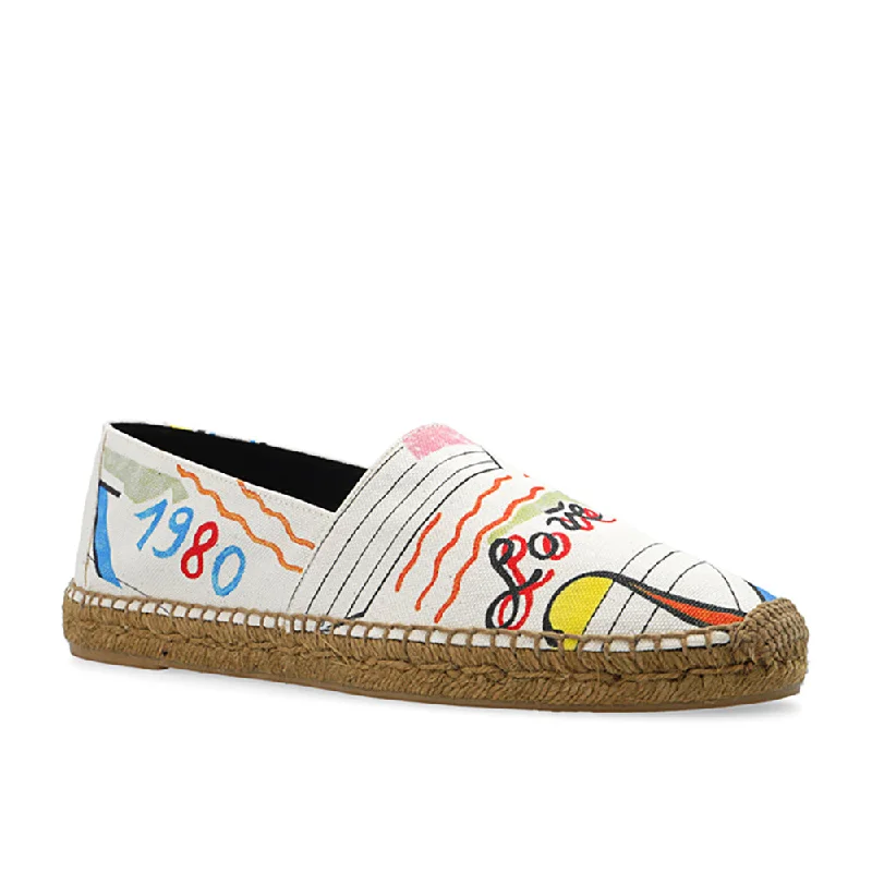 Saint Laurent Paris Men's 1980 In-Love Print Embroidered YSL Espadrille Sneakers in White Multicolor