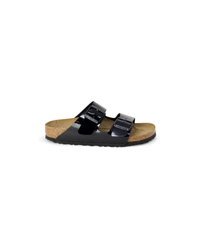 Birkenstock Black Leather Slippers with Buckle/Bow Fastening